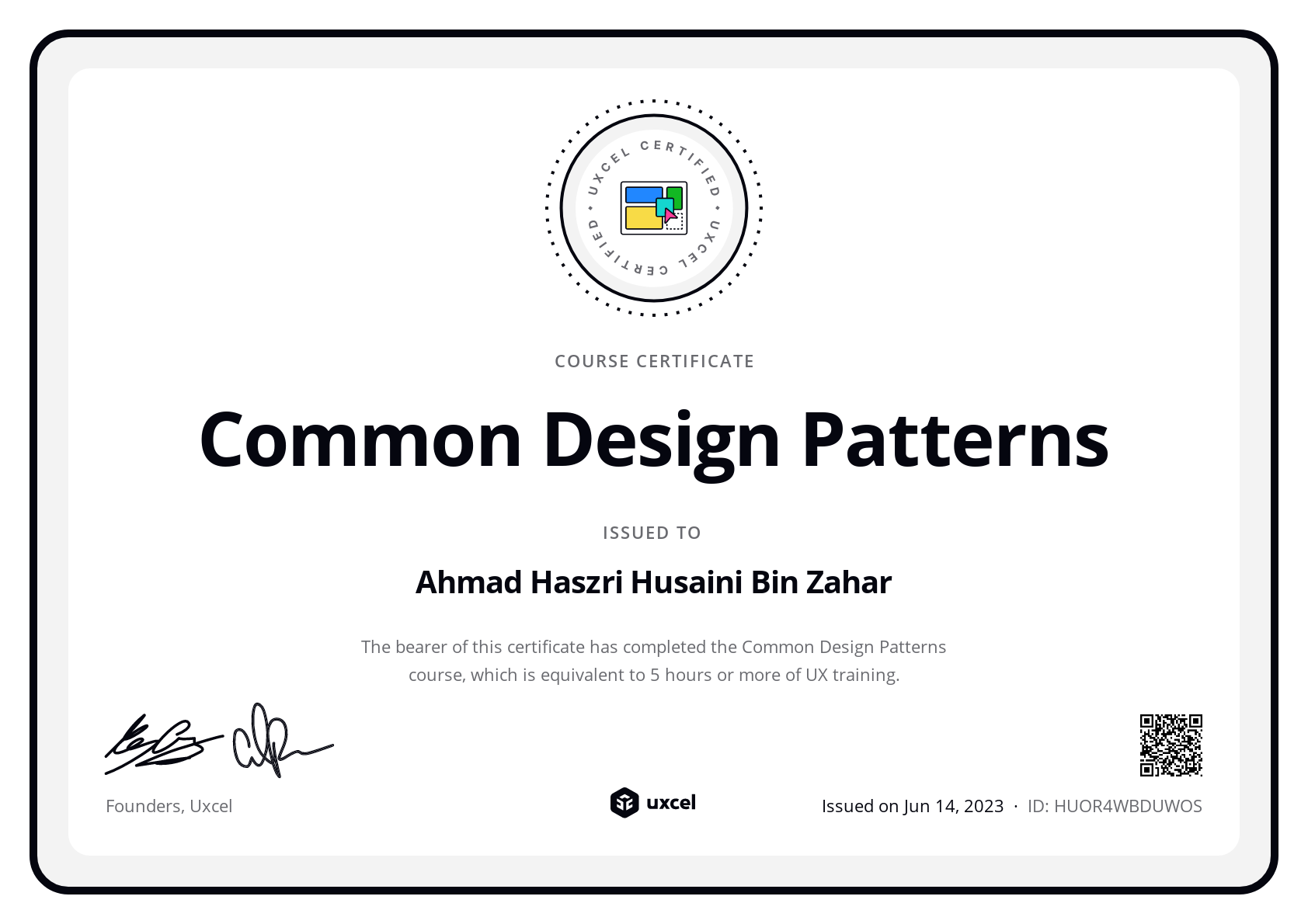 Ahmad Haszri Husaini Bin Zahar's certificate